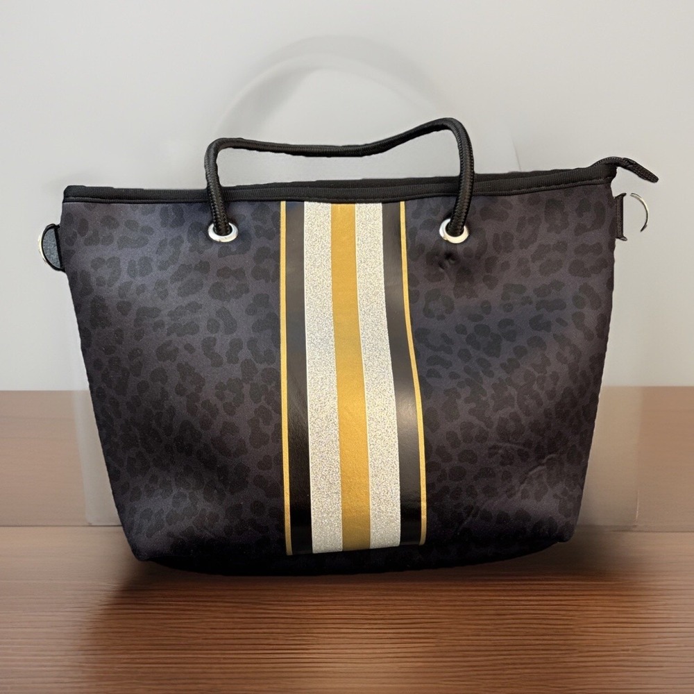 Black Leopard Print Tote with Gold Center Stripe
